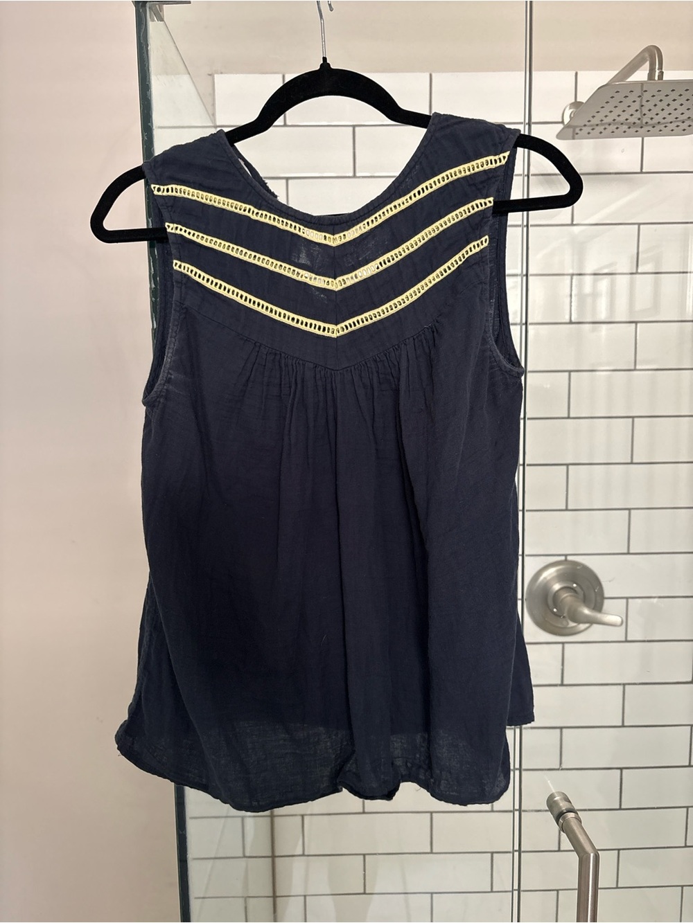 Sleeveless Navy Embroidered Yoke Cotton Women's Top